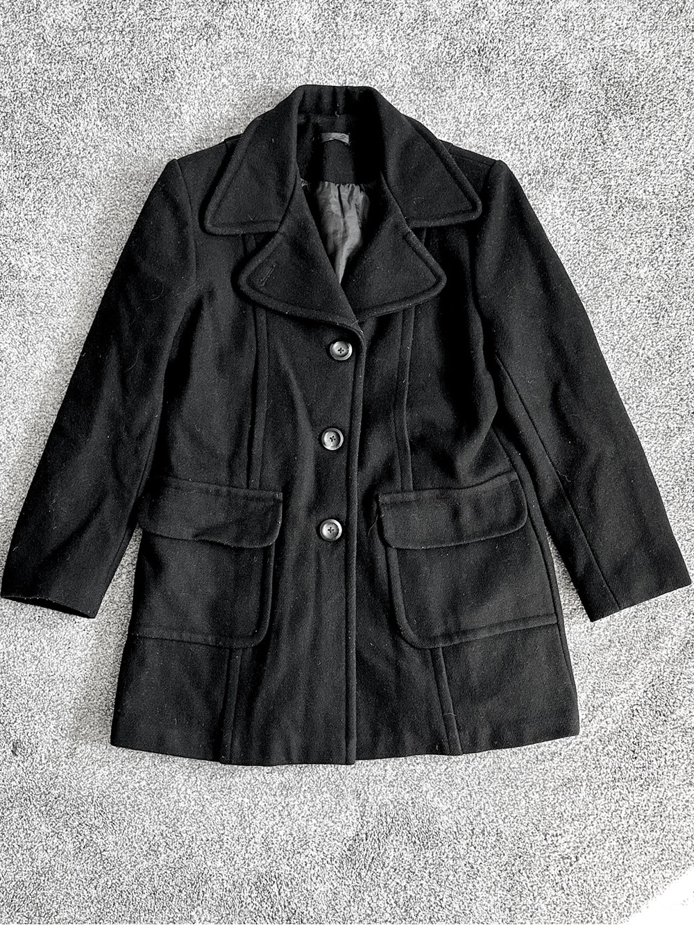 Les Modes Ellabee Vintage Black Wool Blend Coat Made in Canada Sz 8 Flap Pocket